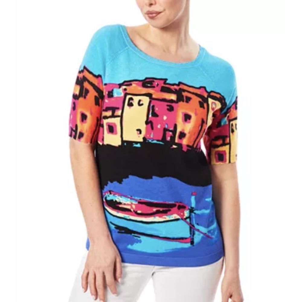Joseph A scenic print sweater canoe in water